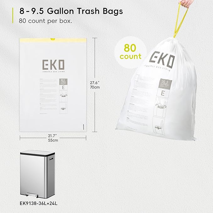 EKO Easy-Dispense Roll 80 Count Extra-Strong Drawstring Tall Kitchen Trash Bag, 8-9.5 Gallon Trash Bag (30.3L-36L) 1 Pack White, Code E