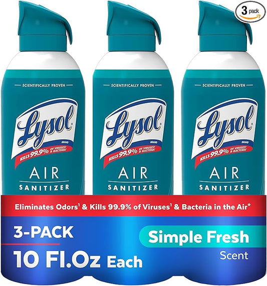 Lysol Air Sanitizer Spray with Odor Eliminator for Home & Office, Sanitizing Spray, Air Freshener Alternative, Simple Fresh Scent, 10 oz (Pack of 3)