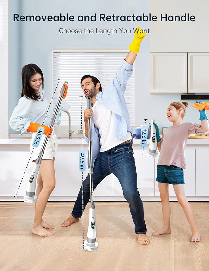 Electric Spin Scrubber with LED Display, IPX7 Waterproof Powerful Shower Scrubber, 2H Runtime, 2 Speeds, Adjustable Handle, 8 Brush Heads, Cleaning Brushes for Household Use Bathtub Tile Car