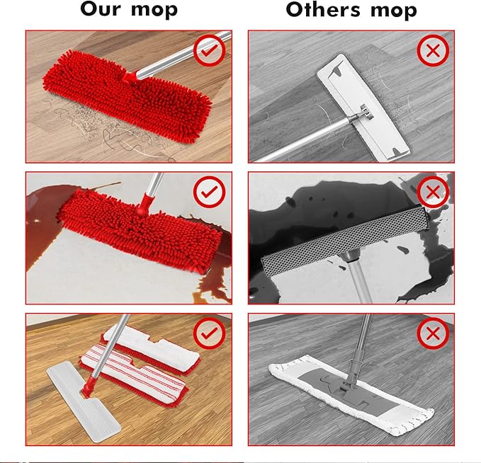 MASTERTOP Microfiber Mop for Floor Cleaning, Hardwood Dust Mop, Wet Mopping with 4 Washable Replacement Mop Pads, Floor Mops for Cleaning with 1 Scraper- White & Red