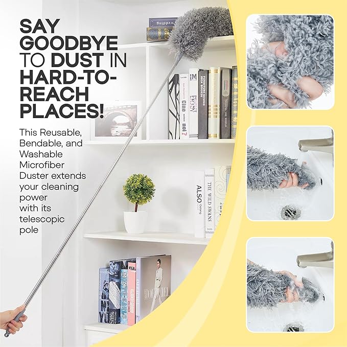 Microfiber Extendable Duster with Extension Pole Upto 100 Inch, 8 PCS Washable, Bendable, Reusable Long Handle Feather Dusters kit for Cleaning Ceiling Fan, High Ceilings, Blinds, Furniture & Cars
