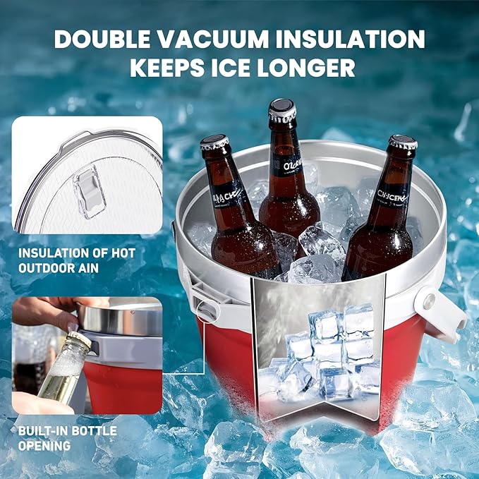 COKTIK 7L Vacuum Insulated Ice Bucket with Lid，Large Capacity Stainless Steel Beverage Bucket for Cocktail, Champagne, Wine, Beer，Large Parties（Red）