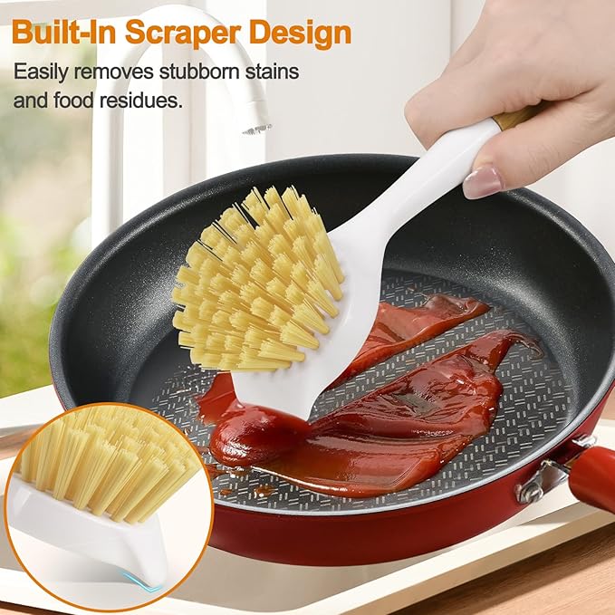Dish Brush, Large Scrub Brush with Bamboo Handle Kitchen Brushes Built-in Scraper for Cleaning Pot, Sink, Stove Skillet, Pans and Grill Pan - 2 Pack