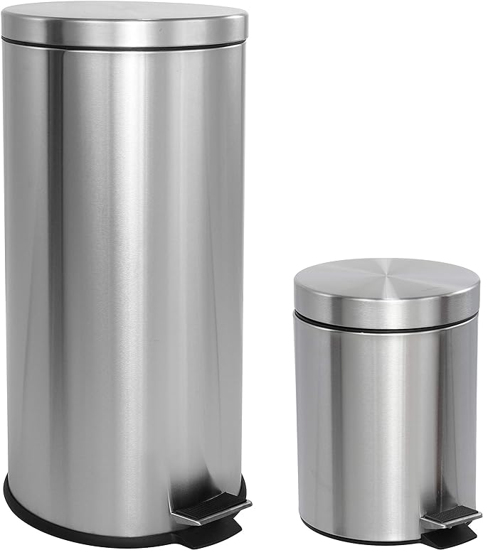 happimess HPM1000A Oscar 8-Gallon Step-Open Trash Can with Free Mini Trash Can, Modern, Fingerprint Proof for Home, Kitchen, Office, Large:7.9 Gallon Small:1.3 Gallon, Stainless Steel