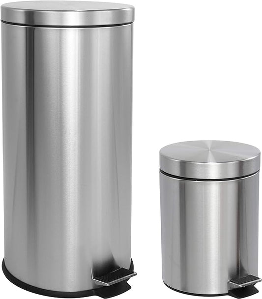 happimess HPM1000A Oscar 8-Gallon Step-Open Trash Can with Free Mini Trash Can, Modern, Fingerprint Proof for Home, Kitchen, Office, Large:7.9 Gallon Small:1.3 Gallon, Stainless Steel