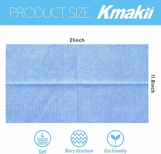 KMAKII Handi Wipe Reusable Cloths - Multi-Purpose Cleaning Cloths and Towels, Absorbent, Quick-Dry, Durable Wipes for Kitchen and Home, Blue, 11.8 x 21 inches, Pack of 40