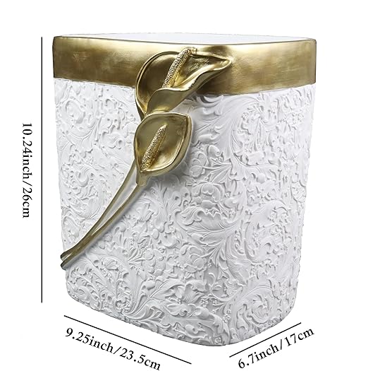 Hymmah Bathroom Trash Can 1.8 Gallon(7 Liter) Small Kitchen Garbage Can,Decor Wastebasket for Bedroom Office,Resin Hand-Carved Colla Lotus White&Gold