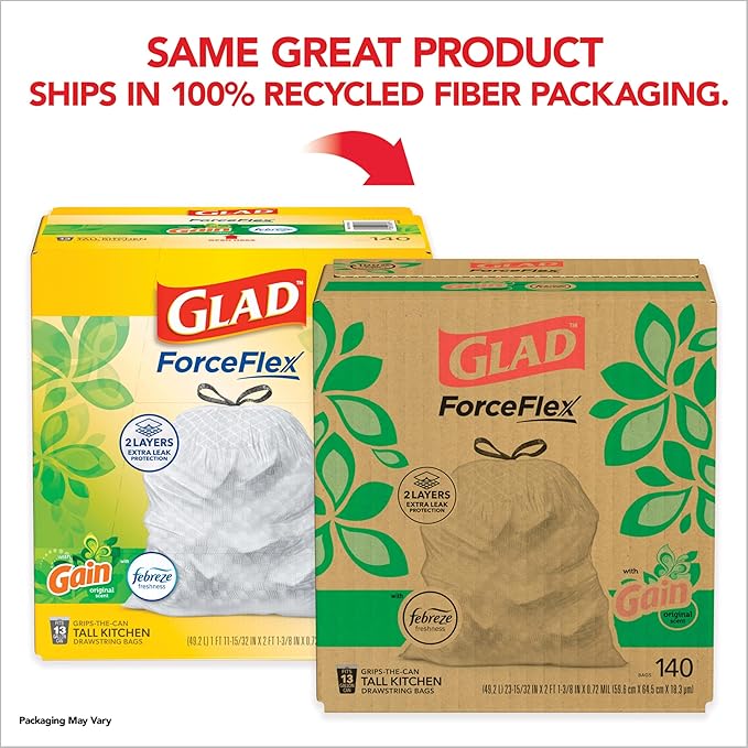 Glad ForceFlex Tall Kitchen Trash Bags, 13 Gallon, Gain Original, 140 Count (Package May Vary)