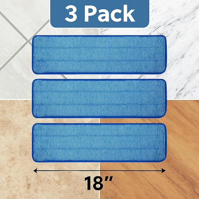 3 Pack Microfiber Pad Universal Commercial 17-18 Inch Head- Heavy Duty - Wet & Dry Commercial Cleaning Refills Reusable Mop Refills Fit for Most Microfiber Flat Mop System