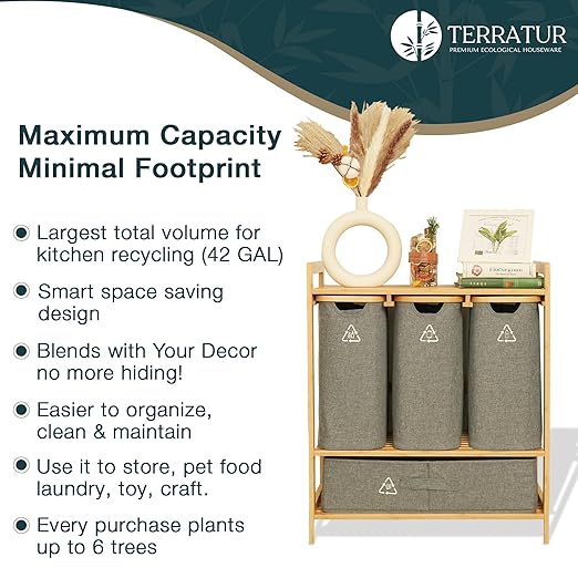 4 Section Recycling Bin for Kitchen – Trash and Recycle Bin Combo for Paper, Plastic, Cans – Indoor Recycling Station – Large Kitchen Trash Can – Office Trash and Recycle Bin Organizer