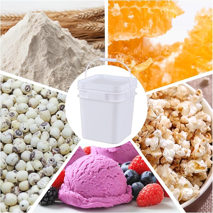 Vababa 3 Gallon White Square Buckets with Lid for Food Storage, 4 Pcs Plastic Food Grade Buckets with Lid and Handle