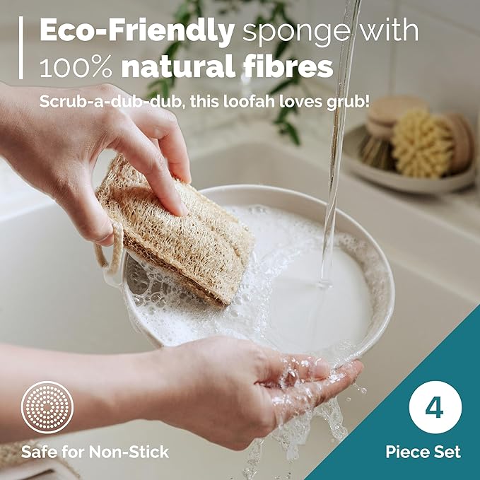 Jungle Culture 4 Piece Bamboo Dish Brush Set for Washing Up • Long Lasting Wooden Dish Brush with 3 Replacement Heads & Loofah Sponge Scourer • Eco Friendly Wooden Scrub Brush for Pots, Pans & Dishes