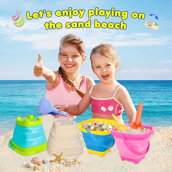 Collapsible Beach Sand Bucket 3 Packs Foldable Buckets Set with Shovels & Mesh Bag Collapsible Beach Toys for Kids Summer Sand Buckets for Kids Cruise Beach Essentials