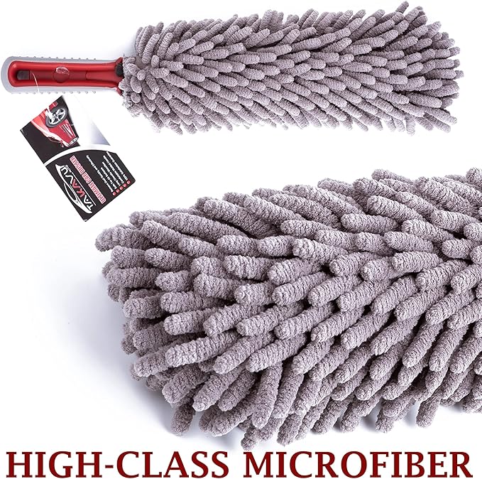 Car Duster Interior by TAKAVU, 360° Microfiber Fingers, Unbreakable Comfort Handle, Lint and Scratch Free, Include Microfiber Towel, for Car & Home Use, The Best Auto Accessories Gray