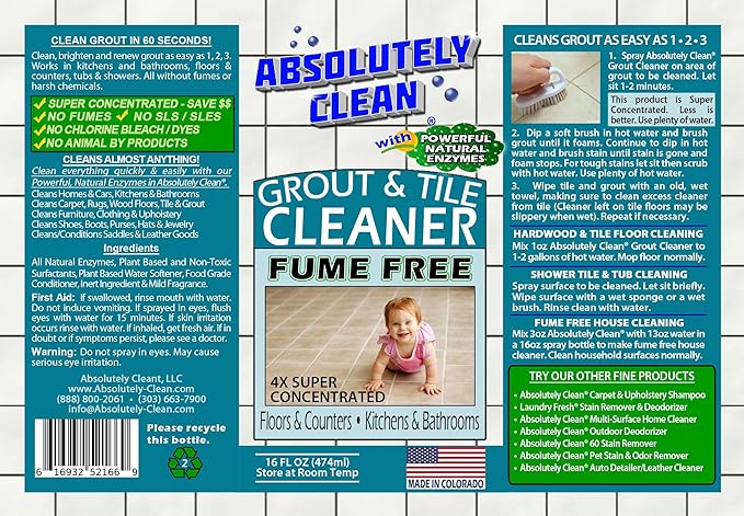 Absolutely Clean FAST GROUT CLEANER! - Professional Strength, Natural Enzyme Formula - Fast Acting, Fume Free - USA Made (16oz Cleans Up To 250 sq ft)