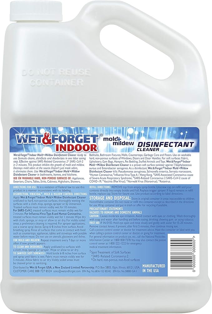 Wet & Forget Indoor Mold and Mildew All-Purpose Cleaner Deodorizes, Disinfects, Kills 99.9% of Bacteria and Viruses, Refill, 128 Fl. Oz.