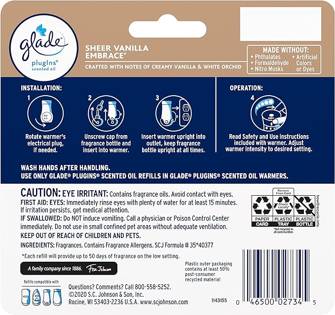 Glade PlugIns Refills Air Freshener, Scented and Essential Oils for Home and Bathroom, Sheer Vanilla Embrace, 3.35 Fl Oz, 5 Count