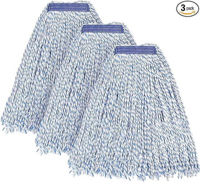 MATTHEW CLEANING Looped-Open Cotton Wet Mop 1.25'' Universal Headband Heavy Duty Commercial Mop Head Replacement for indoor and outdoor Use,Grease Stain Floor Cleaning String Mop Head Refill Pack of 3