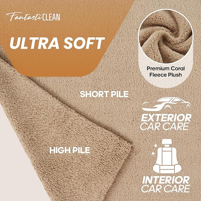 Fantasticlean Microfiber Towels for Cars, Tear Away Car Detailing Cloth Roll, RV Boat Drying Polishing, Edgeless Plush, Coral Fleece, Ultra Absorbent, Scratch-Free, 14" x 14", 20 Pack (Tan)