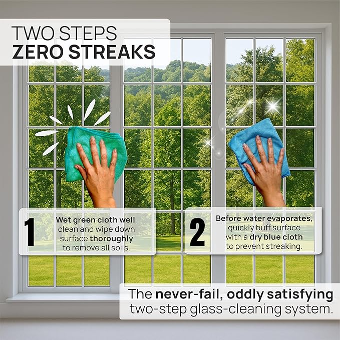 Claro 2 Step Glass Cleaning Cloth 8-Pack – Green Wet & Blue Dry Microfiber Towels Cleaning for Windows, Mirrors & Glass - Streak and Lint Free Cloth for Home, TV, Shower - Machine Washable