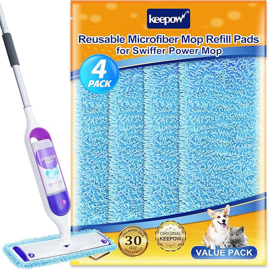 KEEPOW Reusable Mop Pads for Swiffer PowerMop - Microfiber Wet Mops Refills PowerMop Pads Refills Machine Washable Hard Floor Mop Pads Replacement for 13''-15'' Spray Floor Mops 4 Pack