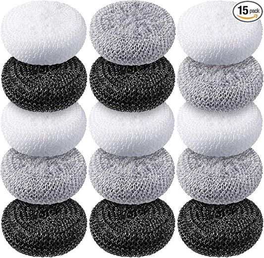 Blulu Plastic Dish Scrubbers for Dishes Pot Round Nylon Pad, Mesh Scouring Non Scratch Pads(Simple Colors,15 Pcs)