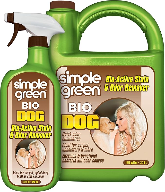 Simple Green Bio Dog Active Stain & Odor Remover - Enzyme Cleaner & Stain Remover for Carpet, Rugs & Fabric – eliminates Urine Odor (32 oz Spray & 1 gal Refill)