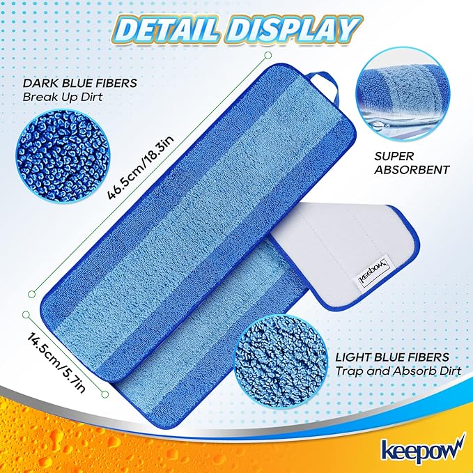KEEPOW Microfiber Cleaning Pad for Mop, Replacement Pads for Hardwood Floor Cleaner, 18 Inch, Washable & Reusable Spray Refills for Hard Surface Laminate Wood (6 Pack)