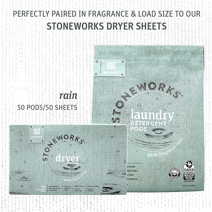 Grab Green Stoneworks Laundry Detergent Pods, Powered by Naturally-Derived Plant & Mineral-Based Powder Pods, Fragrance Free Rain, 50 Count (Pack of 1) Loads-EPA Safer Choice Certified