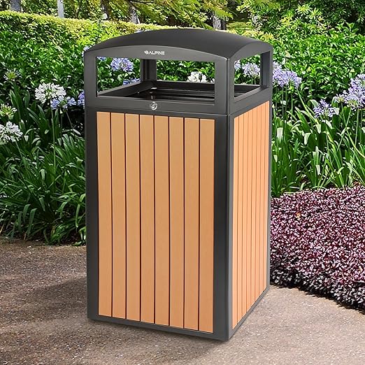 Alpine 40 Gallon Commercial Outdoor Trash Can with Lid - Modern Heavy Duty Large Outdoor Garbage Can with Durable Plastic Bin, Slatted Recycled Plastic Panels for Patio, Parks, Trails & Resorts (CD)