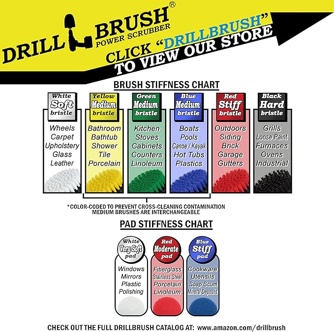 Auto Brushes - Drillbrush - Rotary Drill Brush Cordless Scrubber - Detail Brush Set - Chrome Wheel Cleaner - Leather Cleaner - Bathroom Cleaning Tools - Drill Brush Pads - Bathtub - Shower Cleaner