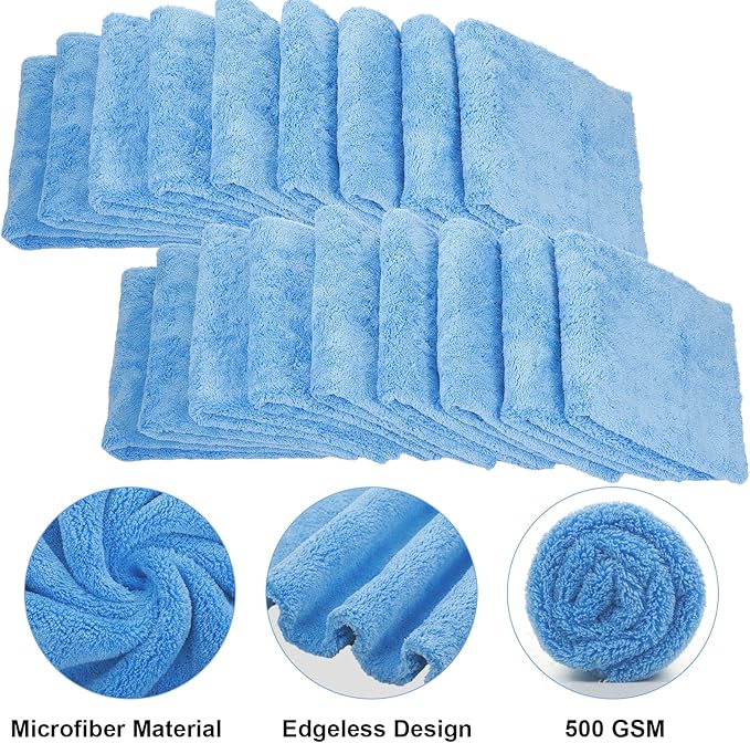 Shimeyao 30 Pcs 16 x 16 Inch Edgeless Microfiber Plush Towels for Cars Detailing Drying Wash Polishing Absorbent Cleaning Cloths, 500 GSM (16 x 16 Inch, Light Blue, 30 Pcs)