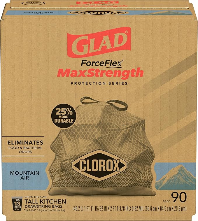 Glad Tall Kitchen Trash Bags 13 Gallon, MaxStrength Mountain Air Garbage Bags, Drawstring, 90 Count