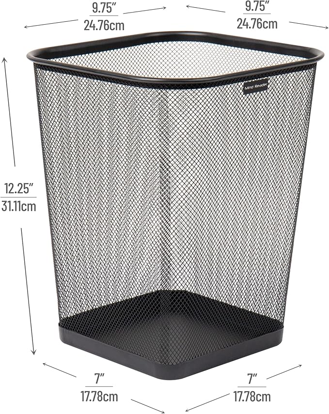Mind Reader Mesh Trash Can, Waste Paper Basket, Square, Office, Metal Mesh, 9.75"L x 9.75"W x 12.25"H, Set of 2, Black