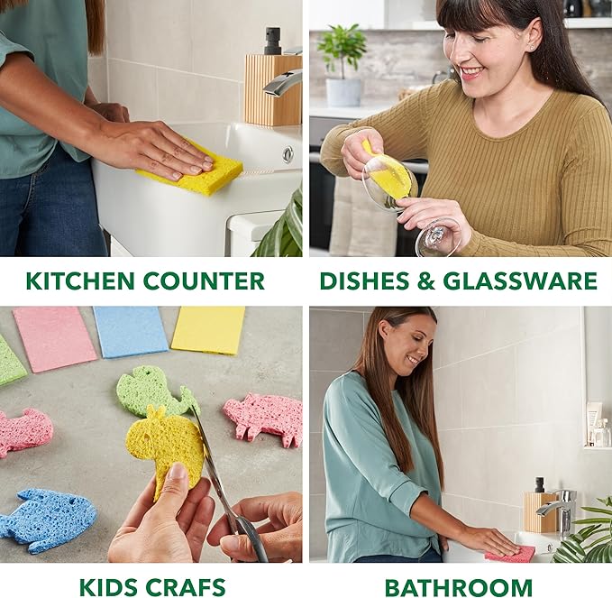 24 PCs Compressed Sponges Kitchen Non-Scratch – Highly Absorbent Kitchen Sponges for Dishes Cleaning, Countertop, Sink, Car –Biodegradable, Quick Drying Cellulose Sponges - Assorted Colors
