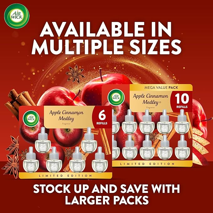 Air Wick Plug in Scented Oil Refill, 7ct, Apple Cinnamon Medley, Fall Scent, Essential Oils, Air Freshener