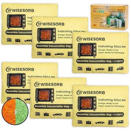 Rechargeable Gun Safe Dehumidifier, 6 Packs 4U Indicating Desiccant Packs with Transparent Window for Storage Reusable Silica Gel Packets Moisture Absorbers Safe Dehumidifier