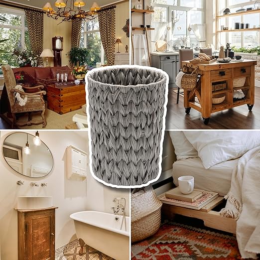 GRANNY SAYS Small Wicker Trash Can, 2 Gallon Bathroom Waste Basket, Small Bathroom Garbage Can, Plastic Trash Basket for Decor, Round Wastebaskets for Office, Bedroom, Cabinet, Grey