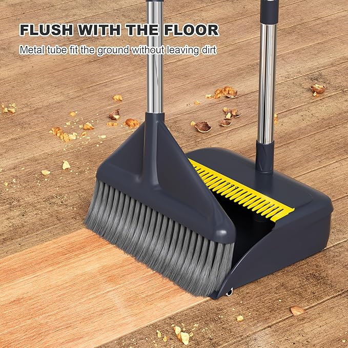 MOPUP Broom and Dustpan Set, 52 inch Long Adjustable Handle Broom with Dustpan Teeth to Self-Cleaning Clean Hair Suitable for Home Kitchen Office