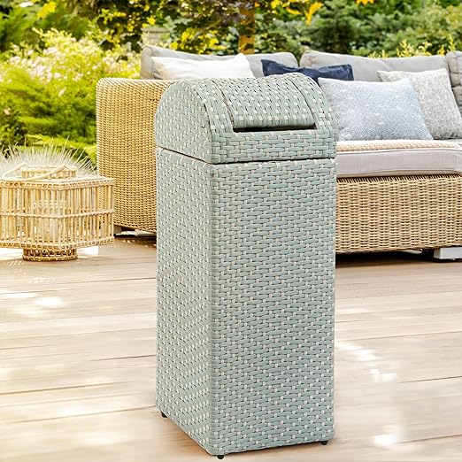 happimess HPM1201C Darla 14.27-Gallon All-Weather Wicker/Metal Swing Top Hideaway Outdoor Trash Can, Mint Blue/White, Classic, Coastal, Casual Wastebin for Backyard, Patio, Porch, Kitchen