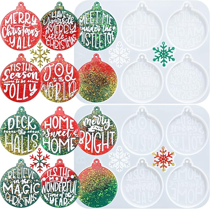 Sakolla Christmas Resin Molds 2 Pack Christmas Silicone Molds Ornaments Resin Molds Round Shape Lettered Pendant for Epoxy Resin Casting DIY Jewelry Keychain Snowflakes Crafts