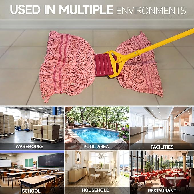 ONESIMUS 30 oz Pack of 6 Cleaning Heavy Duty Industrial Commercial Grade Looped-End Mop Head Replacement,6'' Headband Cotton String Wet Mop Head Refills,Machine Washable Red Mop