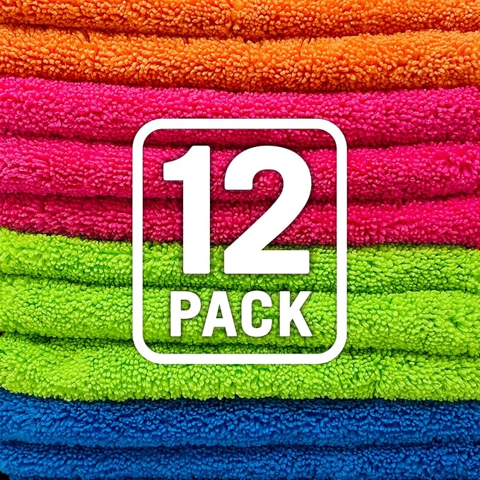 12 Pack Microfiber Cloth Kit, Lint-Free Cleaning Towels for Cars, Boats, and Home, Thick Large Microfiber Cleaning Cloths, Bulk Set