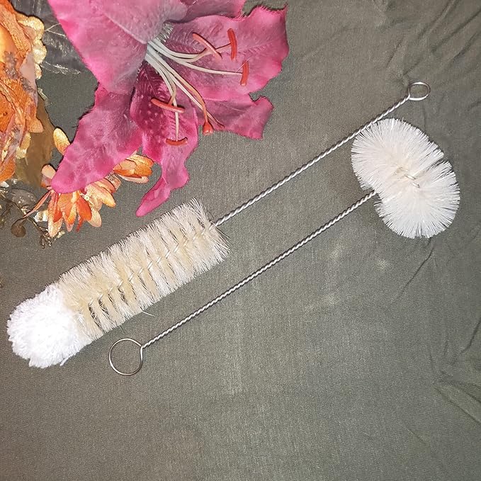 Coralpearl Bottle Brushes Thin Long Handle X 2, Skinny Wire Cleaner Set in Stainless Steel with Natural Boar Bristle at Wool Tip, Bendable Flexible for Cleaning Narrow Neck Bottles, Pipe, Tube, Hose