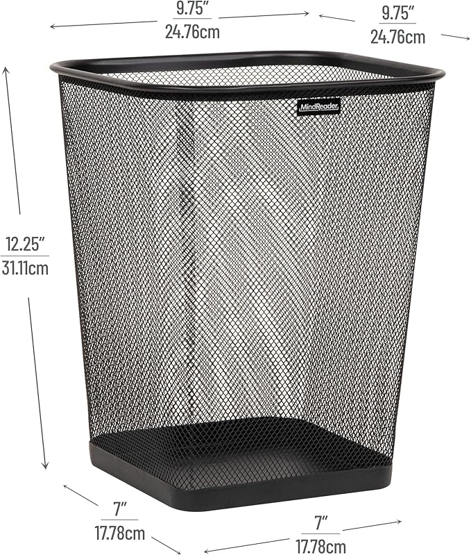 Mind Reader Mesh Trash Can, Waste Paper Basket, Square, Office, Metal Mesh, Set of 2, Black