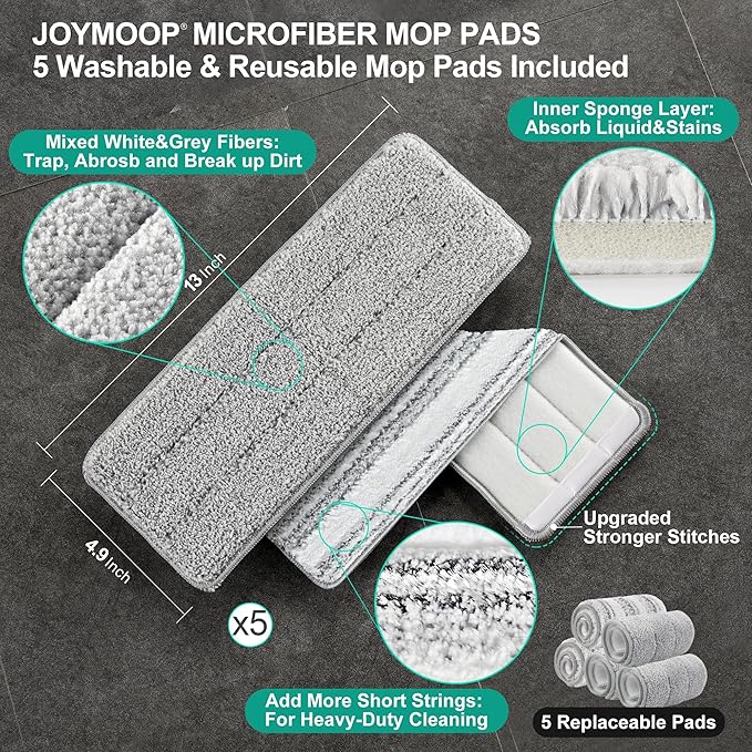 JOYMOOP Mop and Bucket with Wringer Set, Hands Free Flat Floor Mop and Bucket, with 5 Washable Microfiber Pads, Wet and Dry Use, Floor Cleaning System