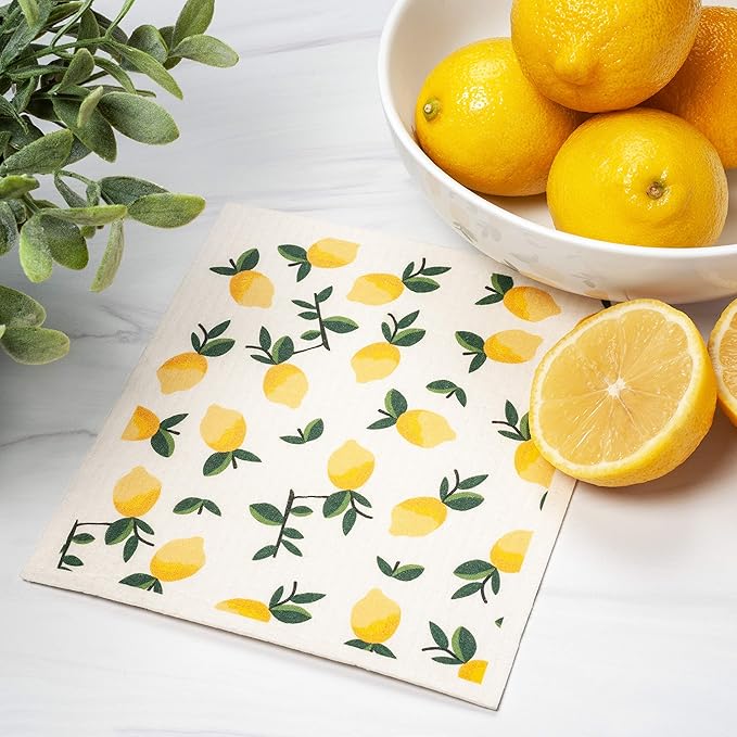 Swedish Dishcloths 3 Pack Yellow Lemons Print, Reusable Sponges Kitchen Cleaning Cloth Dish Scrubber, Machine Washable, Measures 7.87”x6.88 inches.
