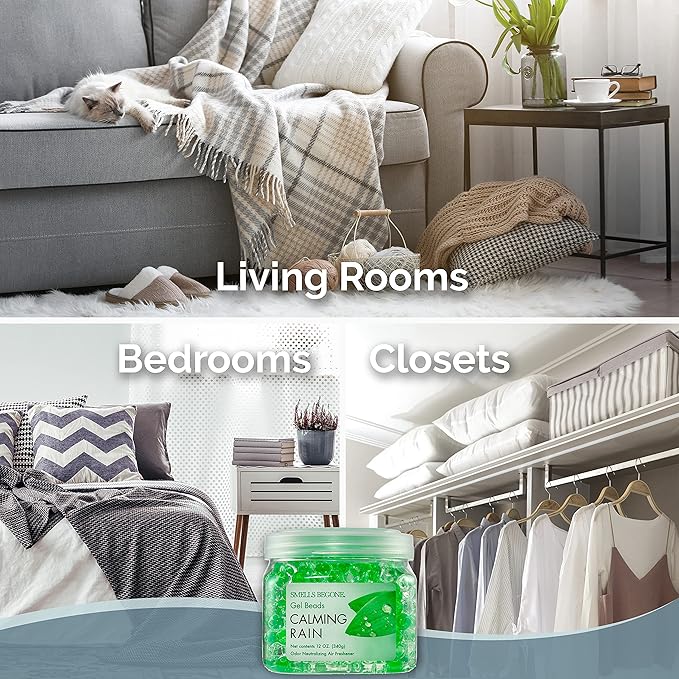 SMELLS BEGONE Odor Eliminator Gel Bead Value Pack - 72 oz - Air Freshener Eliminates Odors in Bathrooms, Pet Areas, Boats, RVs & Cars - Made with Essential Oils - Calming Rain Scent