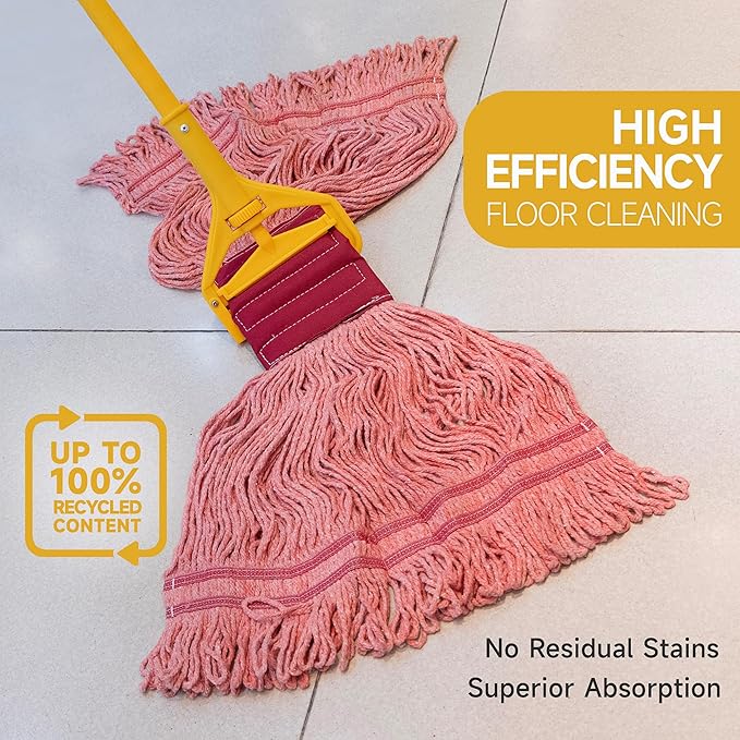 ONESIMUS 30 oz Pack of 6 Cleaning Heavy Duty Industrial Commercial Grade Looped-End Mop Head Replacement,6'' Headband Cotton String Wet Mop Head Refills,Machine Washable Red Mop