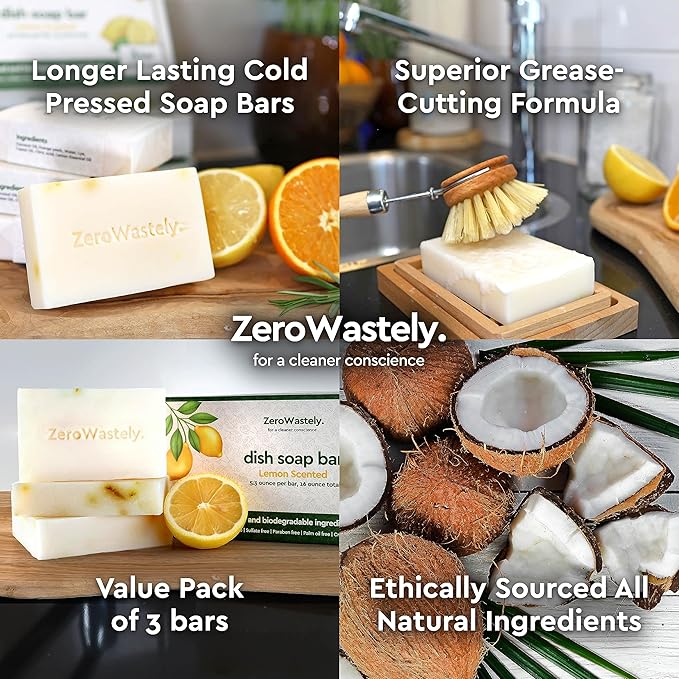 ZeroWastely Natural Dish Soap Bar - Value Pack of 3 Solid Soap Block 16oz - Lemon Scented, Long Lasting, Skin Friendly - Sustainably Made from 100% Organic Ingredients - Plastic Free Dish Soap